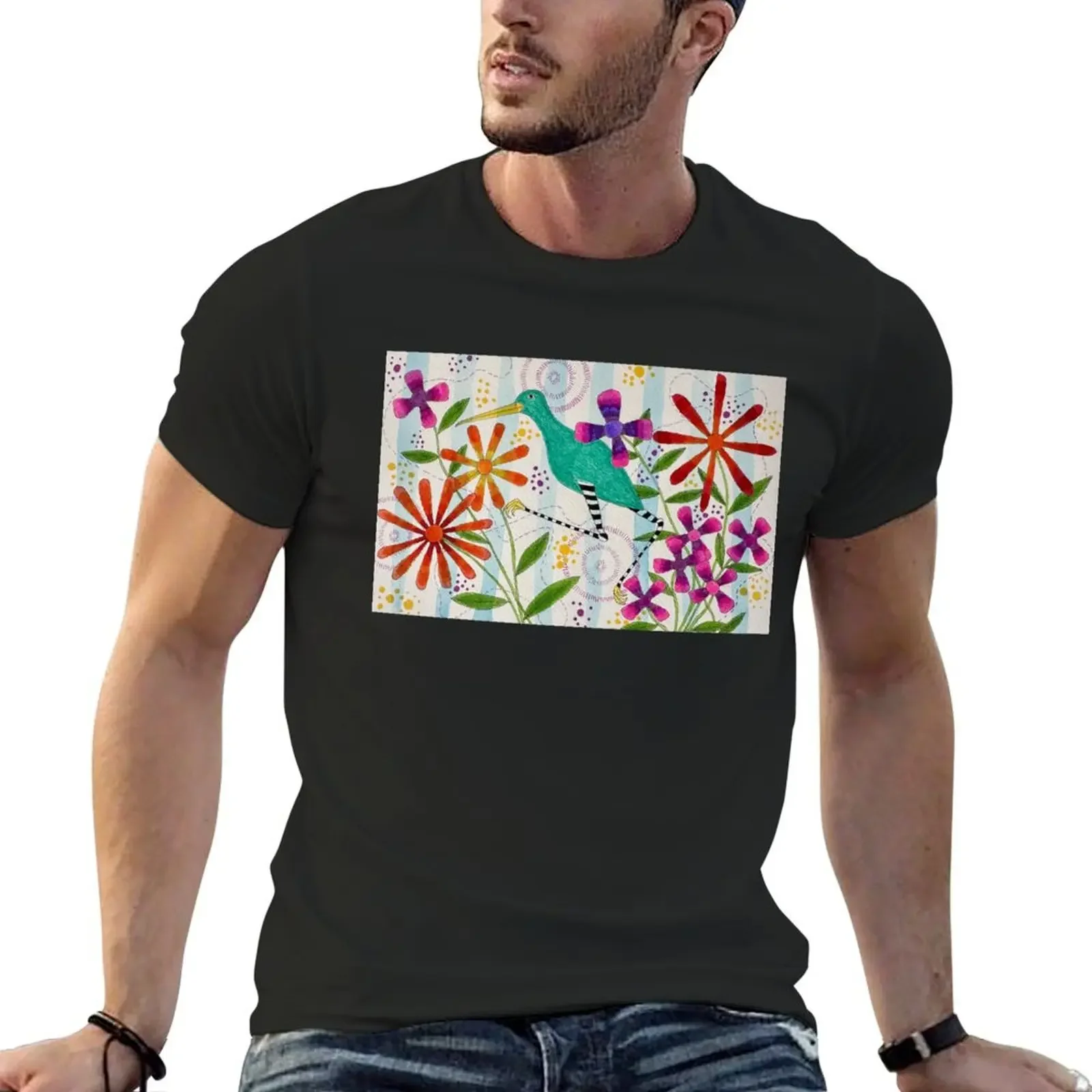 Egret with Flowers T-Shirt summer tops designer shirts mens tall t shirts