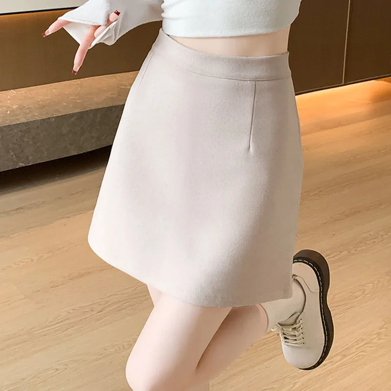 2025 Autumn New Woolen Skirts Women Korean High Waist Zipper Office Mini Skirts Ladies Versatile Solid Anti-Glare Short Skirts
