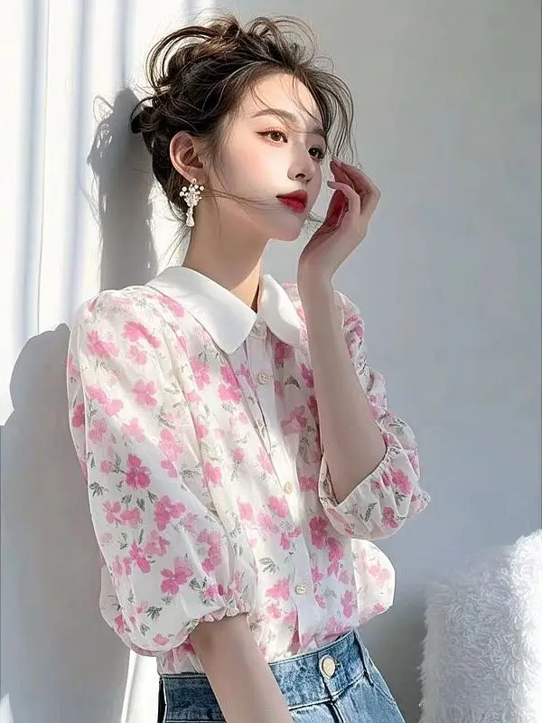 

Ele Pink Floral Print Chiffon irt Women's Faion Spring Autumn Lightweight Luxury Anti-Aging Trendy Ladies Blouse