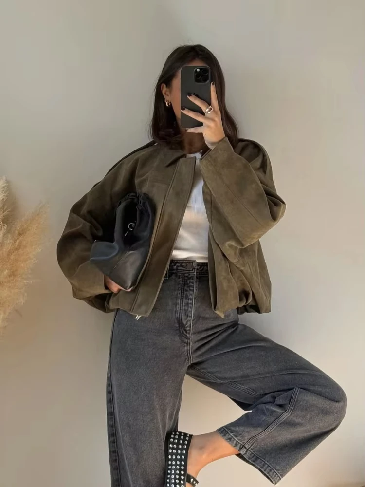 

Women Fashion Green Suede Leather Short Jacket Oversized Zipper Long Sleeve Pockets Bomber Coat Lady Motorcycle Outwear 2025