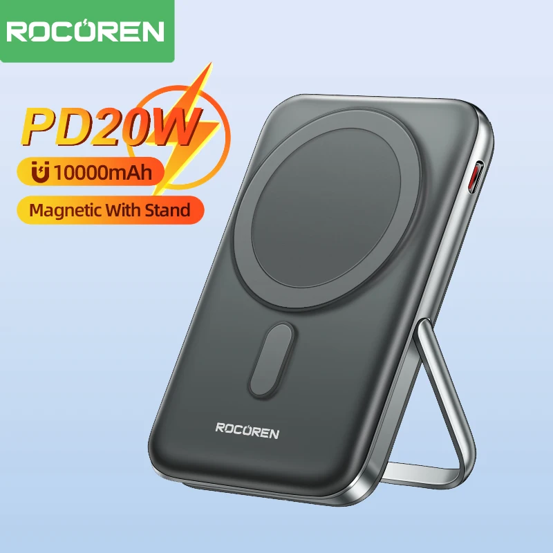 Rocoren PD20W 10000mAh Magnetic Power Bank Wireless Charger Portable Powerbank With Stand For iPhone 16 15 Pro External Battery