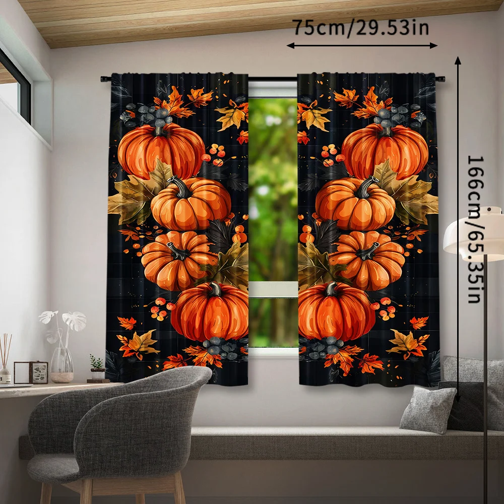 2pcs, Pumpkin Autumn Fall Leaf Printed Curtains, Buffalo Check Plaid Thanksgiving Drapes, Rod Pocket Mount, Digital Printed Curt