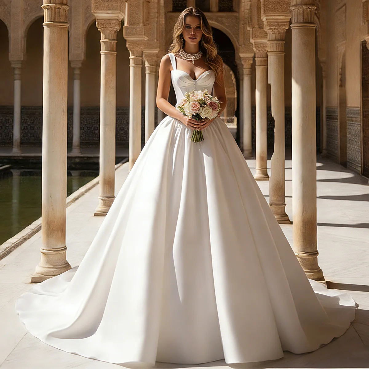 

Beach Vestidos Novia V Neck Pleated Wedding Dress Long Satin Ball Gown For Bride Button A Line Puffy Bridal Party Gown For Women