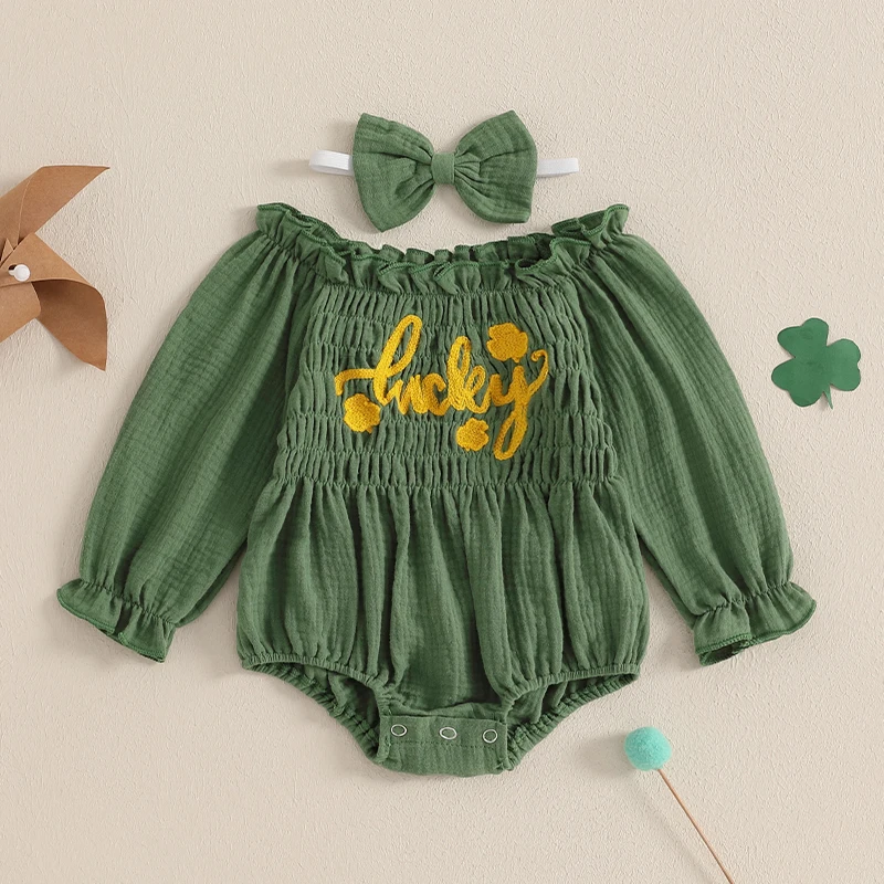 Infant Girls Jumpsuits Ireland Outfits Shamrock Logo Applique Full Sleeve Playsuits with Matching Hair Accessory