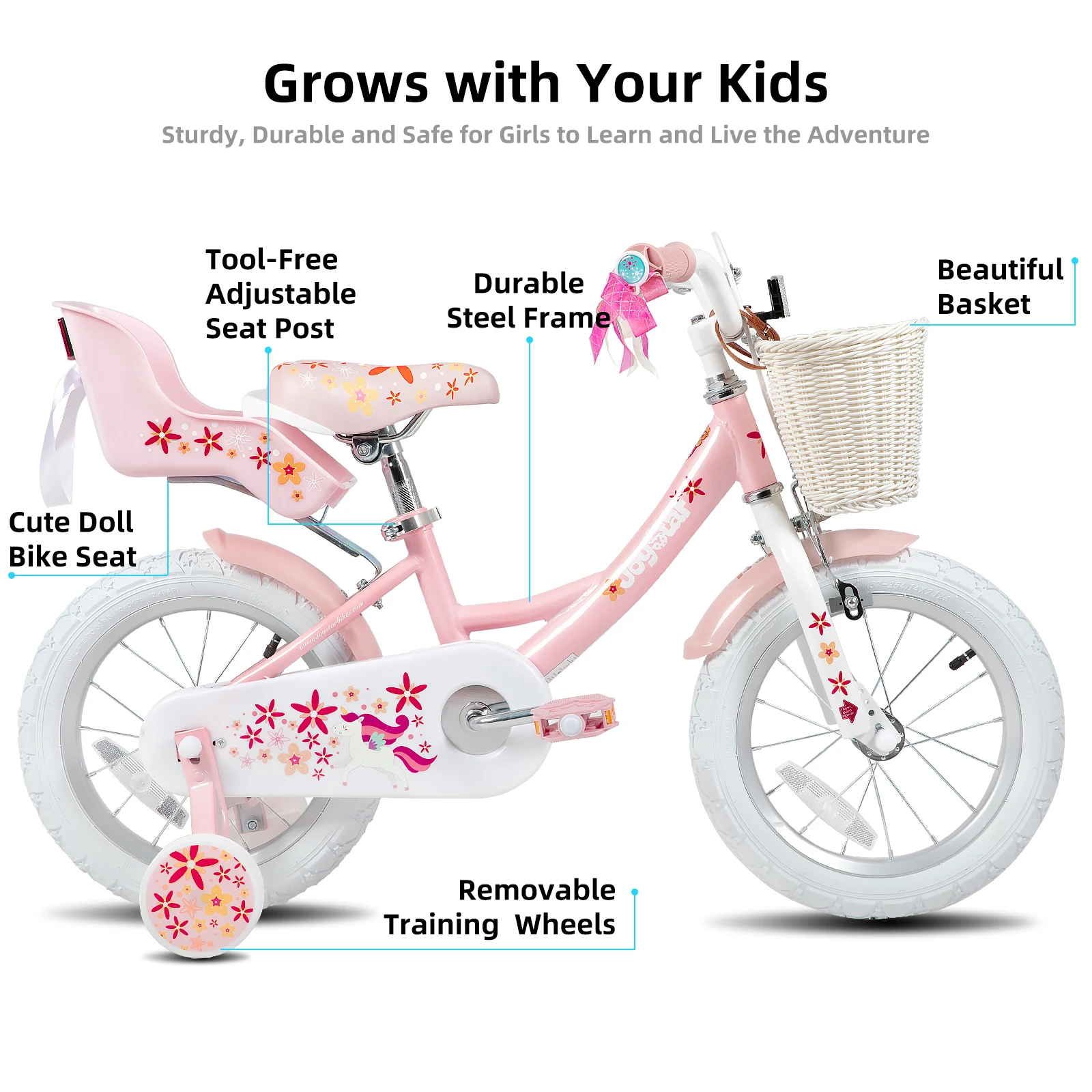 JOYSTAR Bici per bambini per ragazze di età compresa tra 2 e 9 anni, 12 14 16 18 pollici Bici per bambini con ruote da allenamento, seggiolino per bambole, stelle filanti, cestino, Rosa