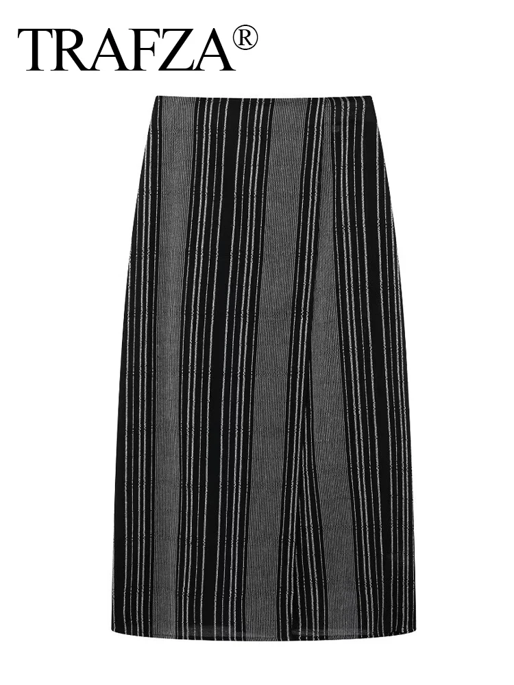 TRAFZA Women\'s Fashion Striped Embroidered 2-Piece Set Mid-Length V-Neck Shirt Jacket+Black Striped Straight Ankle Length  Skirt