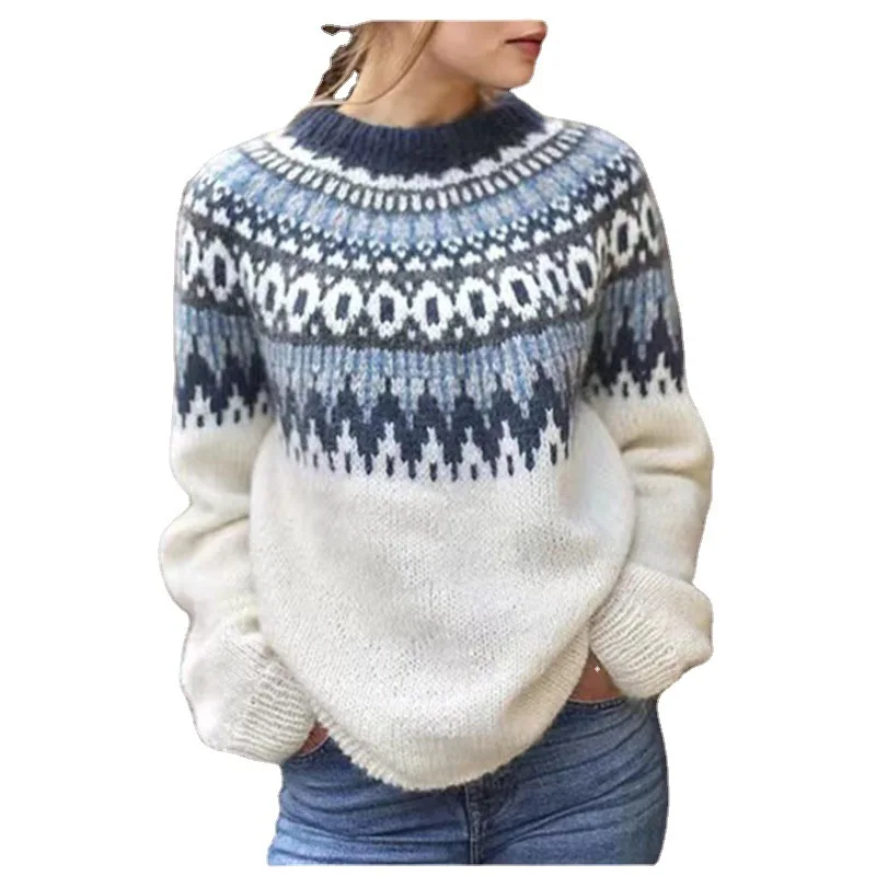 New Fashion Knitted Sweaters Women Winter Warm Graphic Printing Retro Long Sleeve O-Neck Sweater Pullovers Tops Clothing