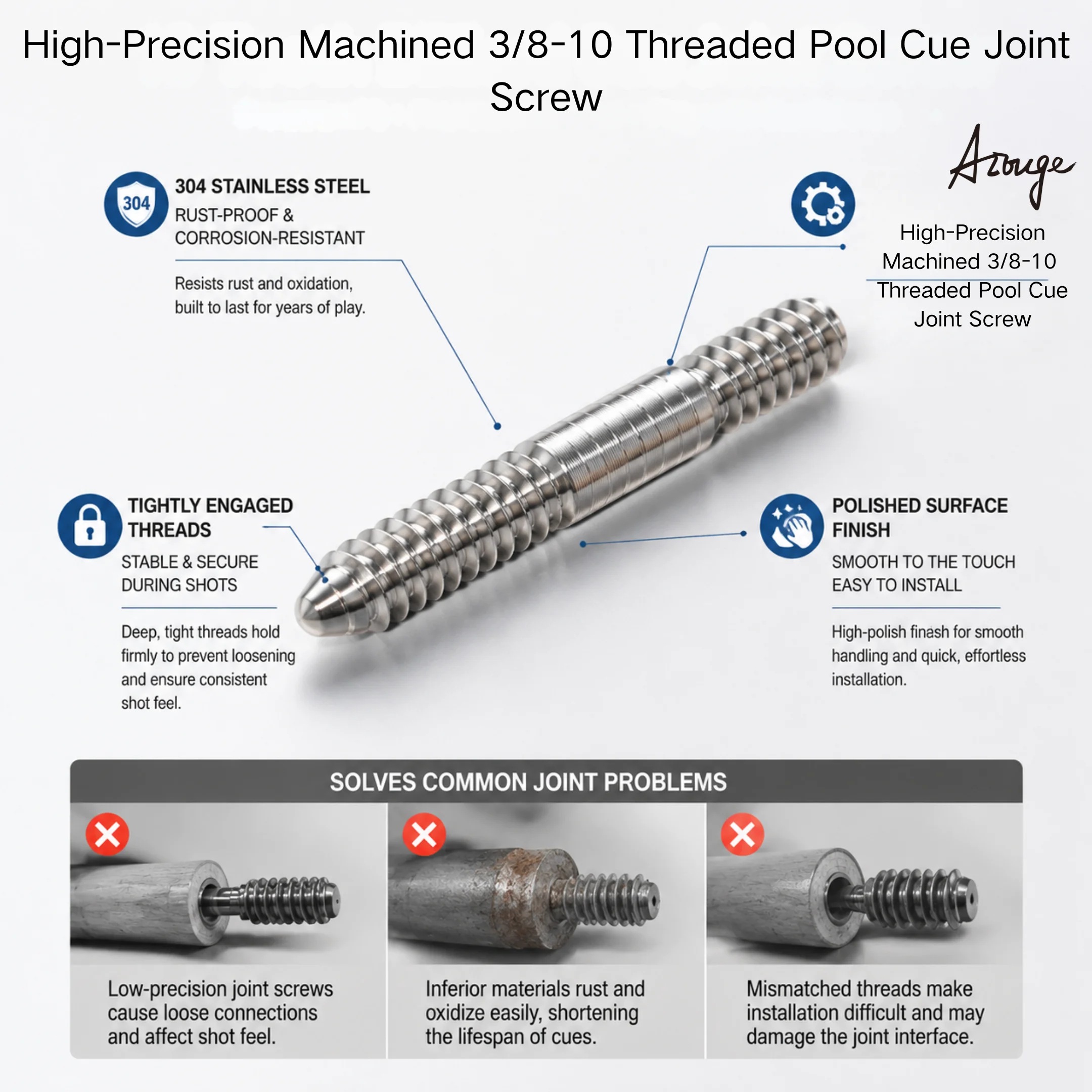 3/8-10 Threaded Pool Cue Joint Pin 304 Stainless Steel High Precision Machined Billiard Cue Screw Billiard Repair Accessories