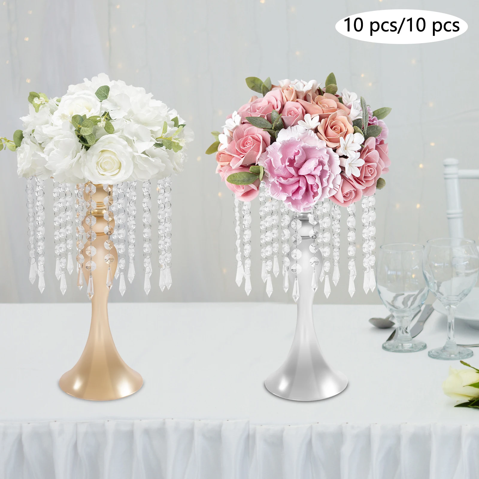 

10PCS 35cm Gold/Silver Crystal Flower Stands,Top 20cm Base 13cm Iron Round Flower Stand, Tabletop for Gardens,Balconies