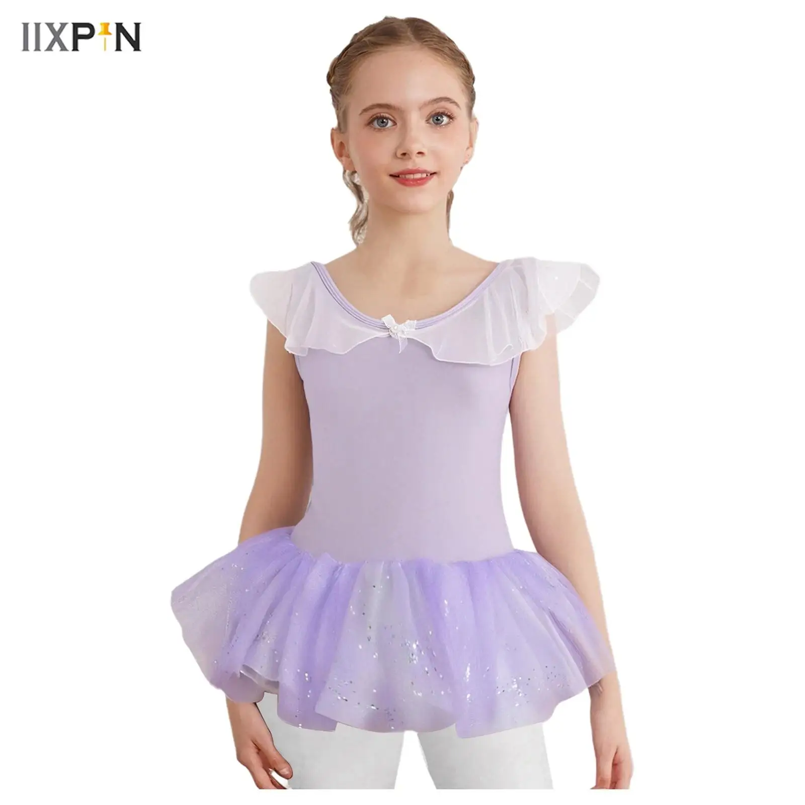 

2Pcs Kids Girls Ballet Gymnastics Dance Costumes Comfortable Ruffled Collar Sleeveless Leotard+Shiny Sequins Tulle Tutu Skirt