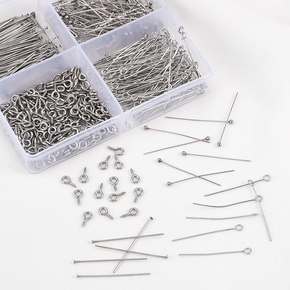 

1Box DIY Stainless Steel Connector Jewelry Making Component Accessories Set 9 Pins Flat Head Pin Headpin Screw Eye Pins Earrings