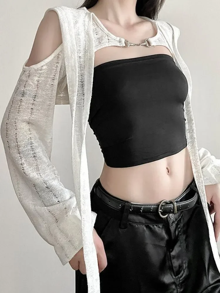 Y2k estética feminina sexy malha com capuz colheita camiseta vintage oco para fora streetwear grunge tshirts harajuku bandagem t femme