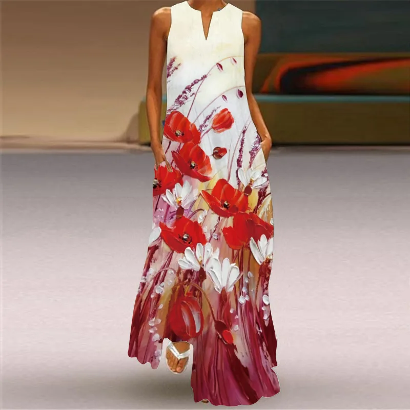 Summer Elegant Oil Painting Style Flower Print Hollow V-neck Long Dress Party Sleeveless Fashion Sexy Party Beach Long Dress