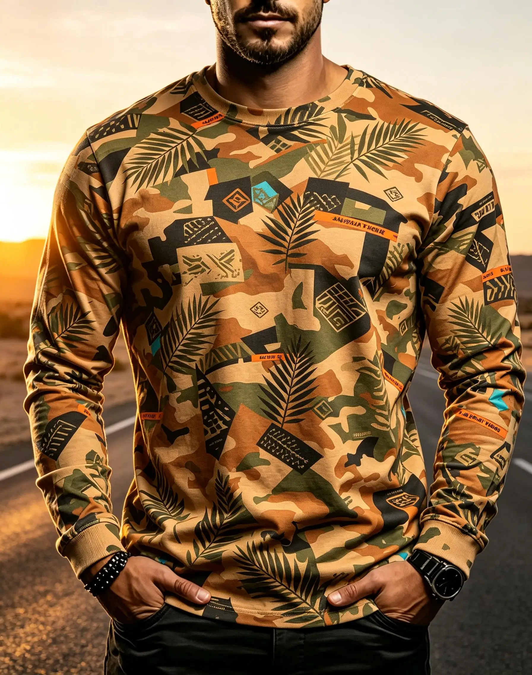 : Retro Camouflage Palm Leaves Abstract Geometric Graphic Long Sleeve Tee, Men Polyester Street Outdoor Shirt