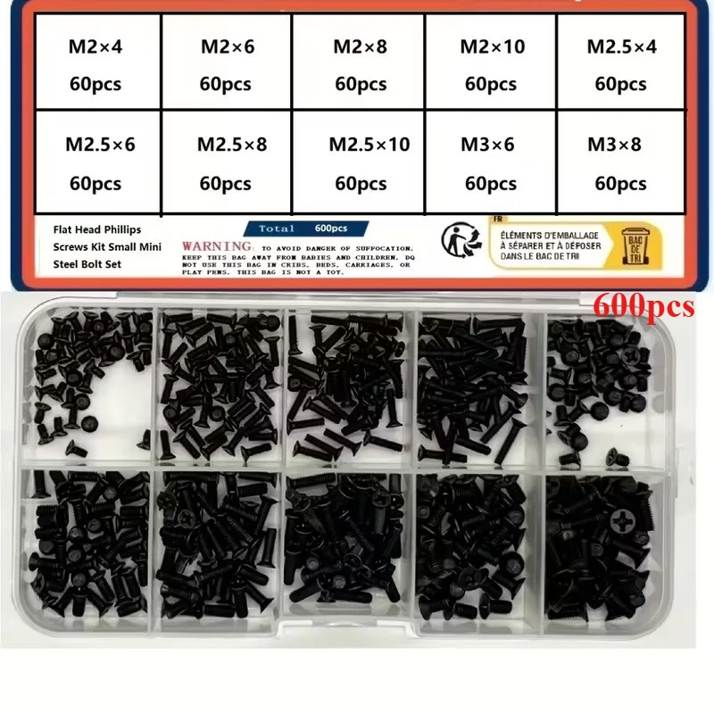 

600/1240pcs Small Computer Screws Kit box, Flat Phillips Black Tiny Eyeglass Screw M1.4M1.7M2M2.5M3 for PC Laptop SSD Hard Drive