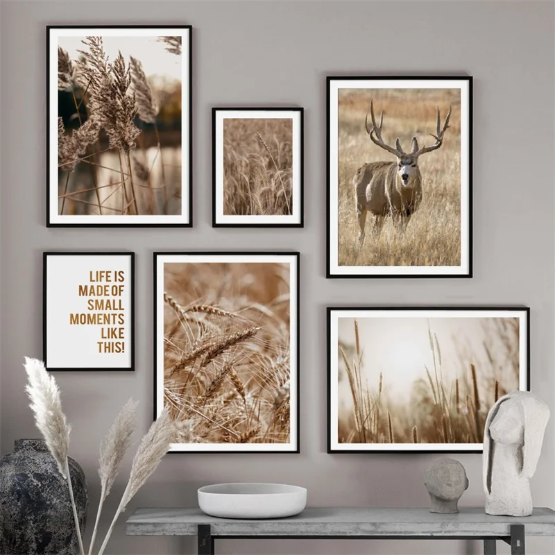 Nordic Lake Landscape Poster Hay Reed Canvas Painting Deer Pictures Home Hotel Restaurant Decoration Background Print Fresco