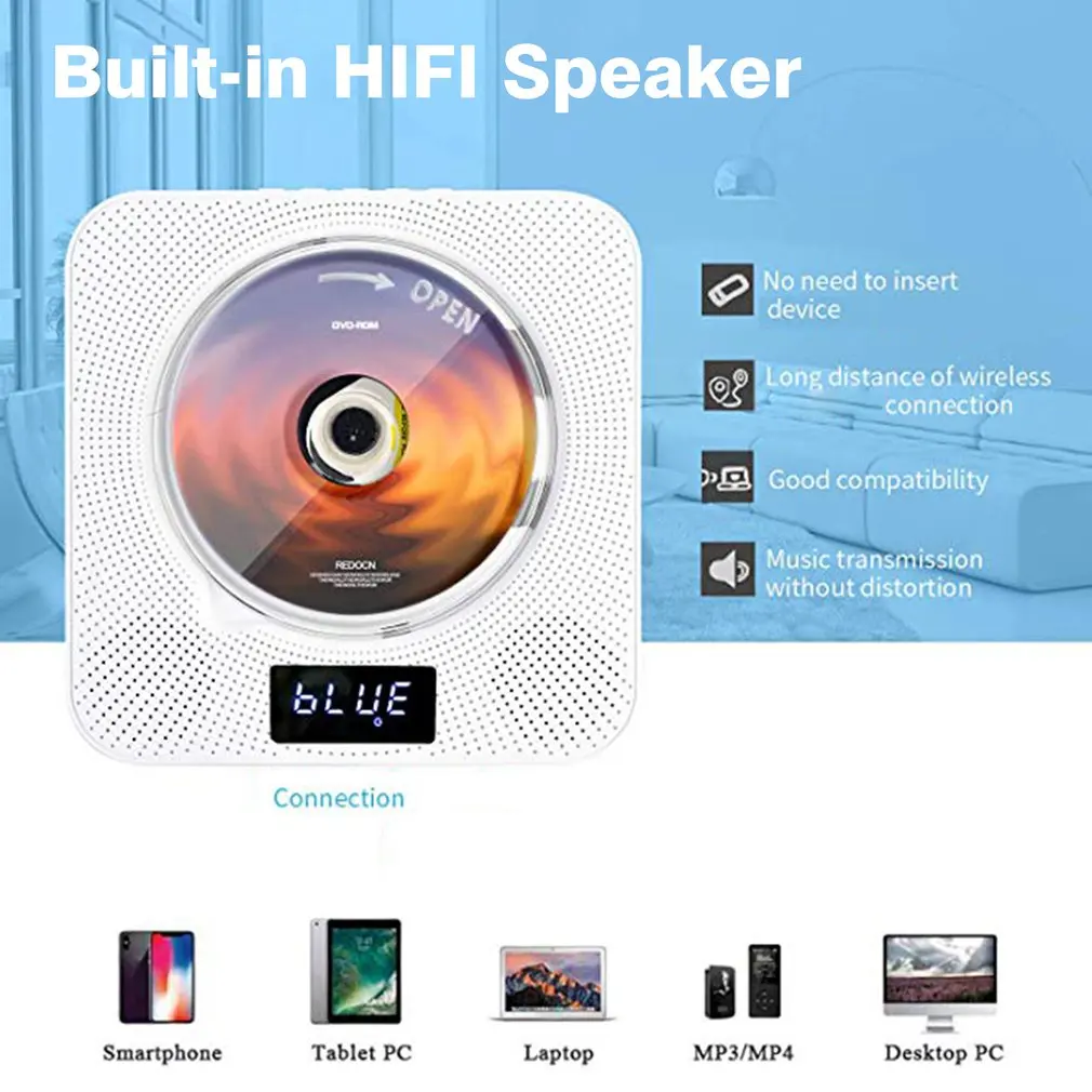 

Настенный Bluetooth DVD/CD-плеер с пультом дистанционного управления, стерео FM-радио, Hi-Fi музыкальный проигрыватель со встроенным динамиком для ТВ и домашнего использования (дропшиппинг)