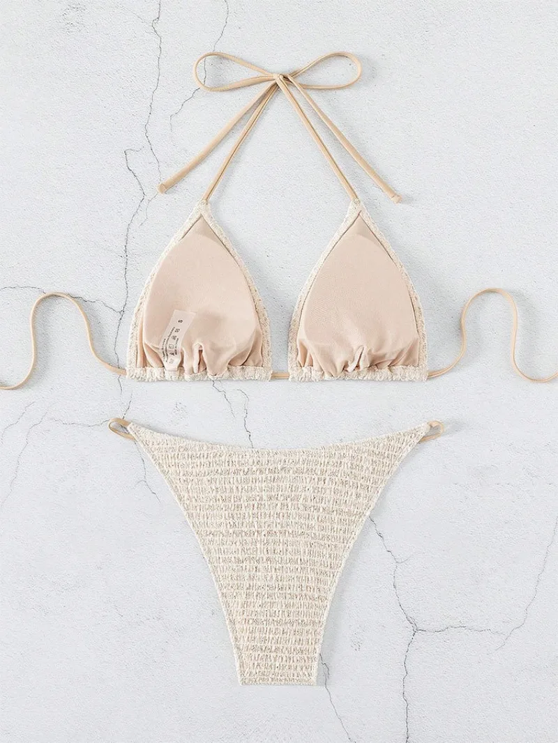 sexy beige wrinkled halter micro mini bikini sets two pieces tie women thong swimsuit female bathing suit swimwear biquini