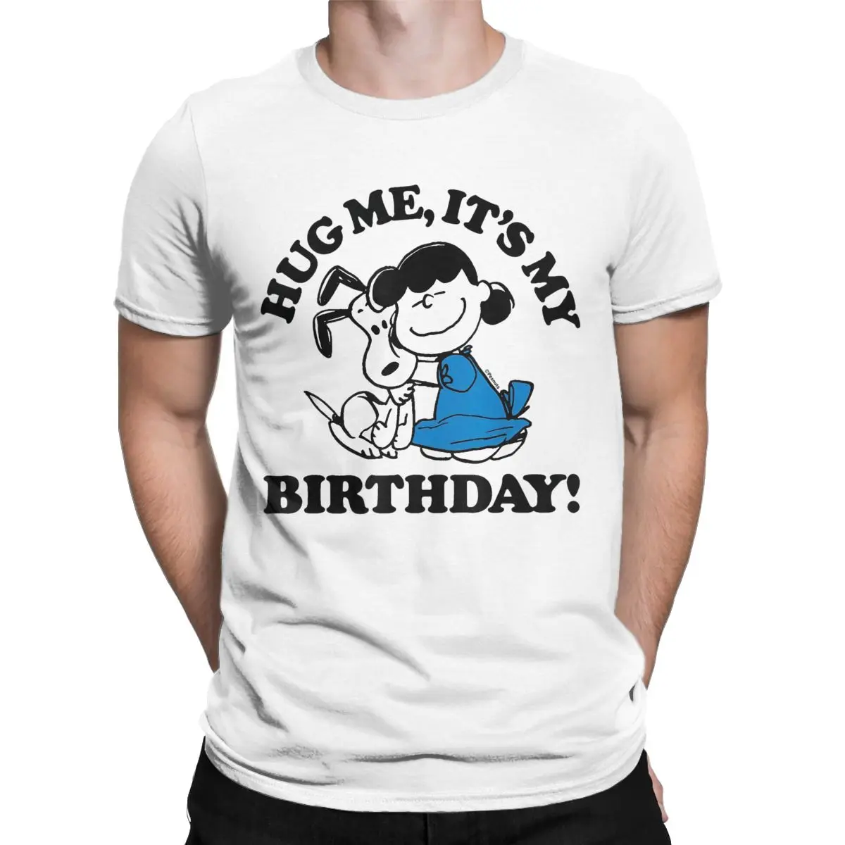 Creative Official Peanuts Snoopy Lucy Birthday Hug T-Shirt for Men O Neck Pure Cotton T Shirt Short Sleeve Tees Adult Tops