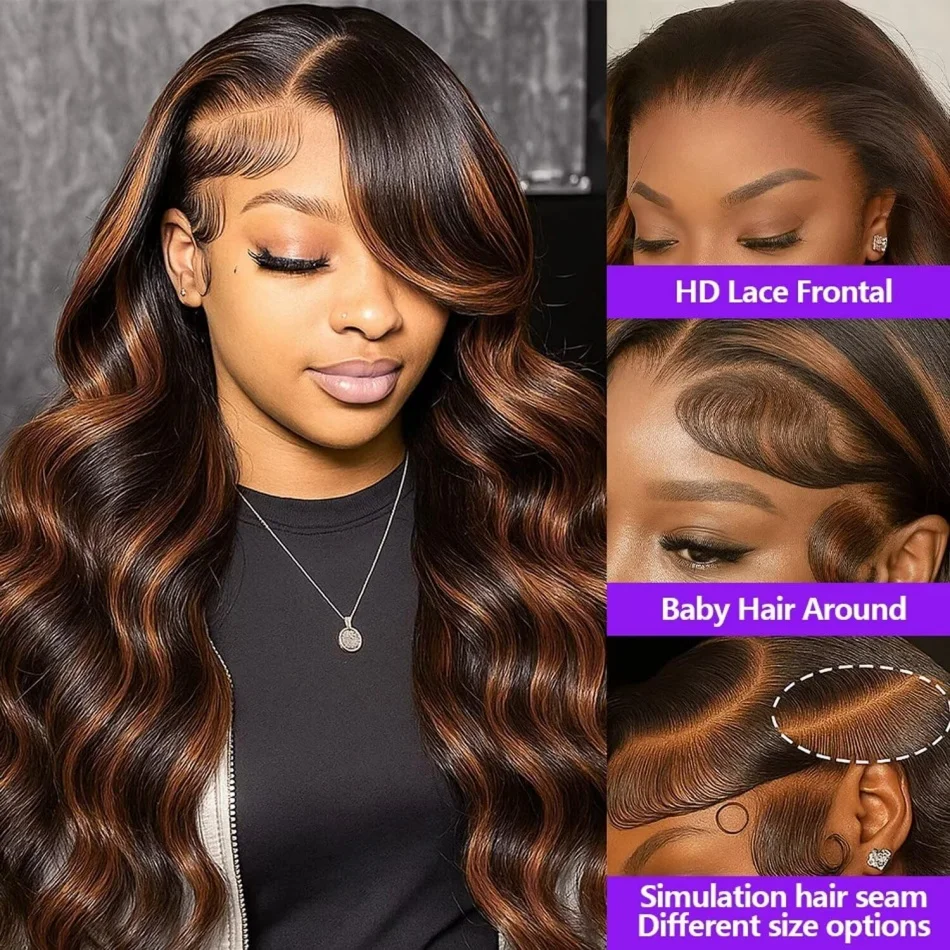 

Black Brown 1B/30 Body Wave Lace Front Human Hair Wigs 30 36 Inch Colored Highlight 13x6 13x4 HD Lace Frontal Wig Human Hair