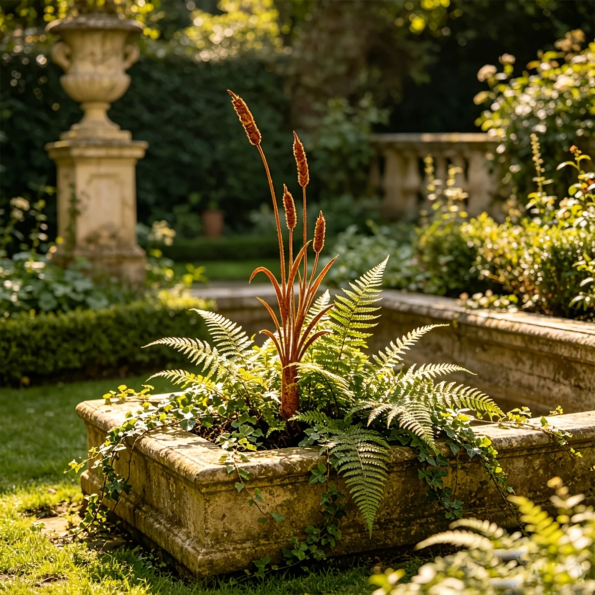 1Pc Wrought Iron Garden Decorative Stake, Rust-Colored Reed Silhouette Decorative Stake, Plant Trellis, Rustic Style, Suitable for Outdoor Lawns, Courtyard Gardens, and Flower Bed Centerpieces.