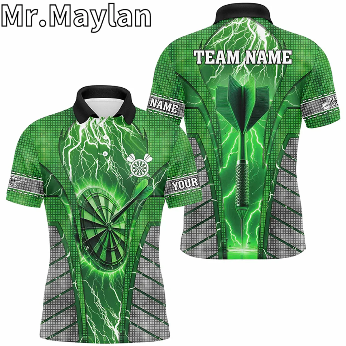 3D Personalized Green Dartboard Thunder Lightning Darts Polo Shirt For Men Team League Jerseys Gift For Darts Lovers Unisex Tops