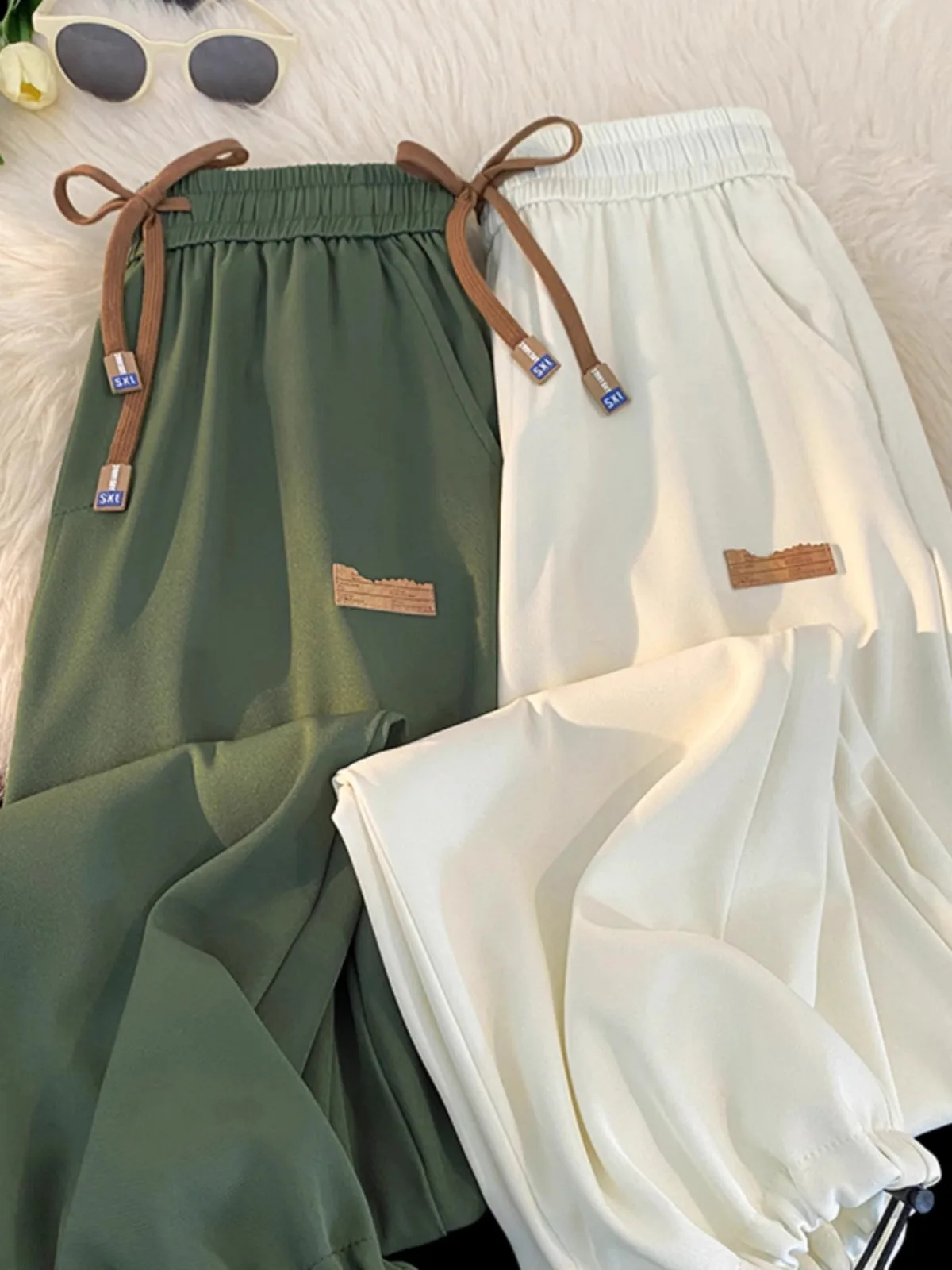 

Мужские летние тонкие спортивные брюки из ледяного шелка с завязками, свободного кроя, быстросохнущие, повседневные, молодежные, для активного отдыха, длиной 7/8, рабочая одежда