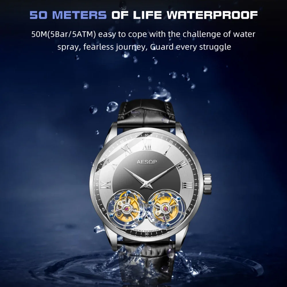 New Aesop Men\'s Double Tourbillon Watch Hand Winding Movement Sapphire Business Fashion Male Mechanical Wristwatches Waterproof