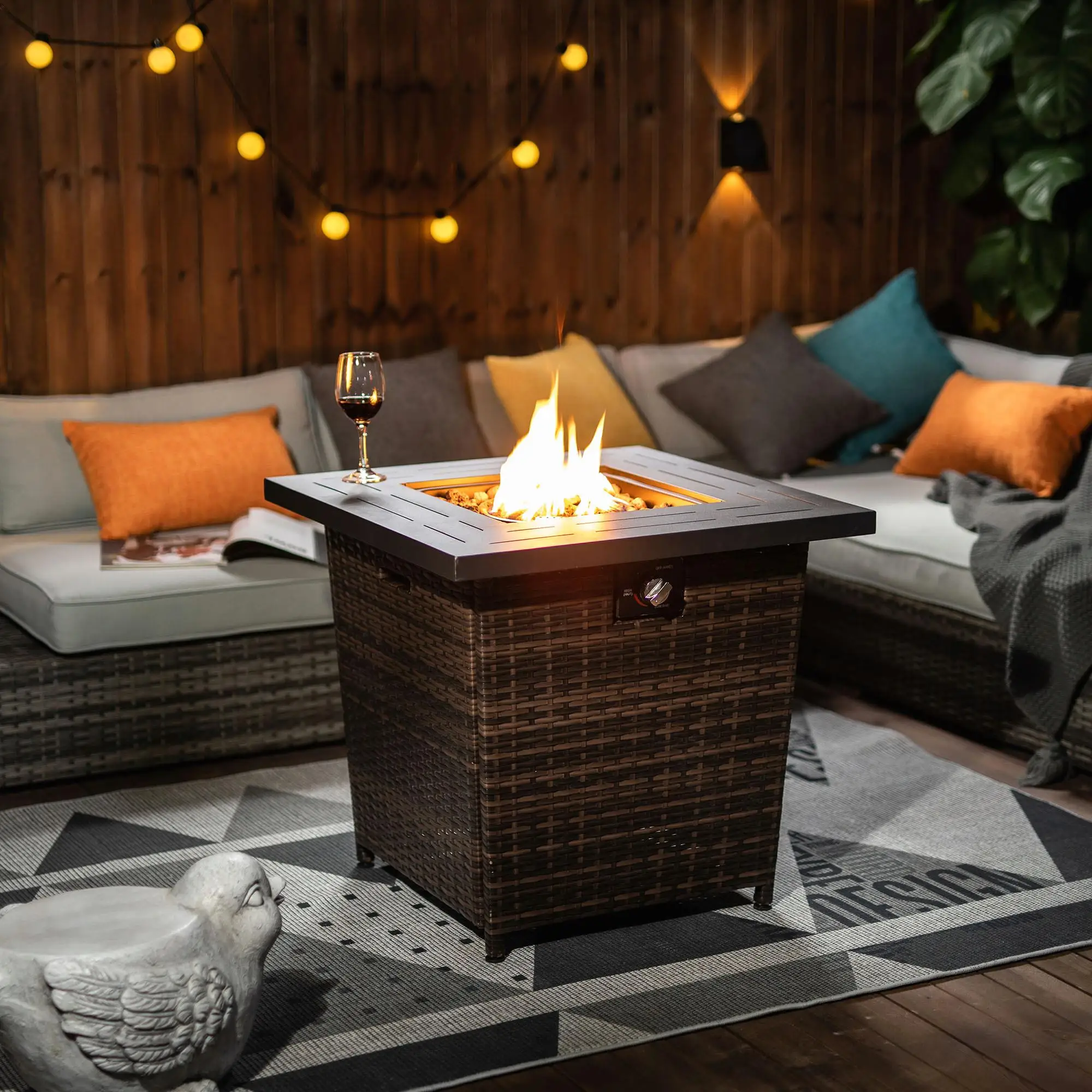 28-Inch Wicker Fire Pit Table for Outdoor Heating and Relaxation