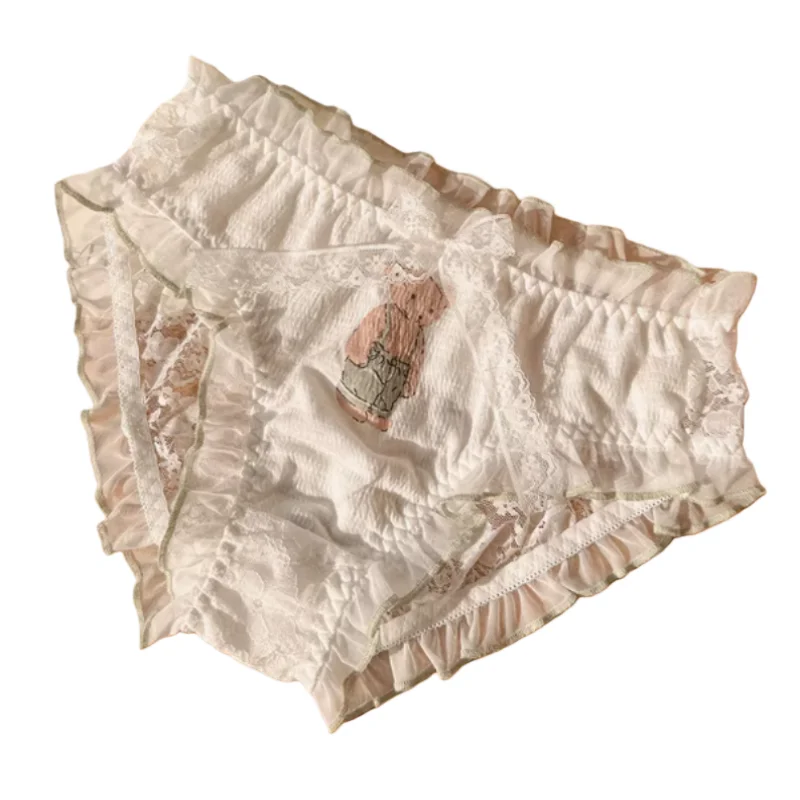Women Pure Cotton Crotch Sexy Panties Sissy Ruffled Bow Sweet Quick-drying Mesh Transparent Briefs Japan Style Girl's Underwear