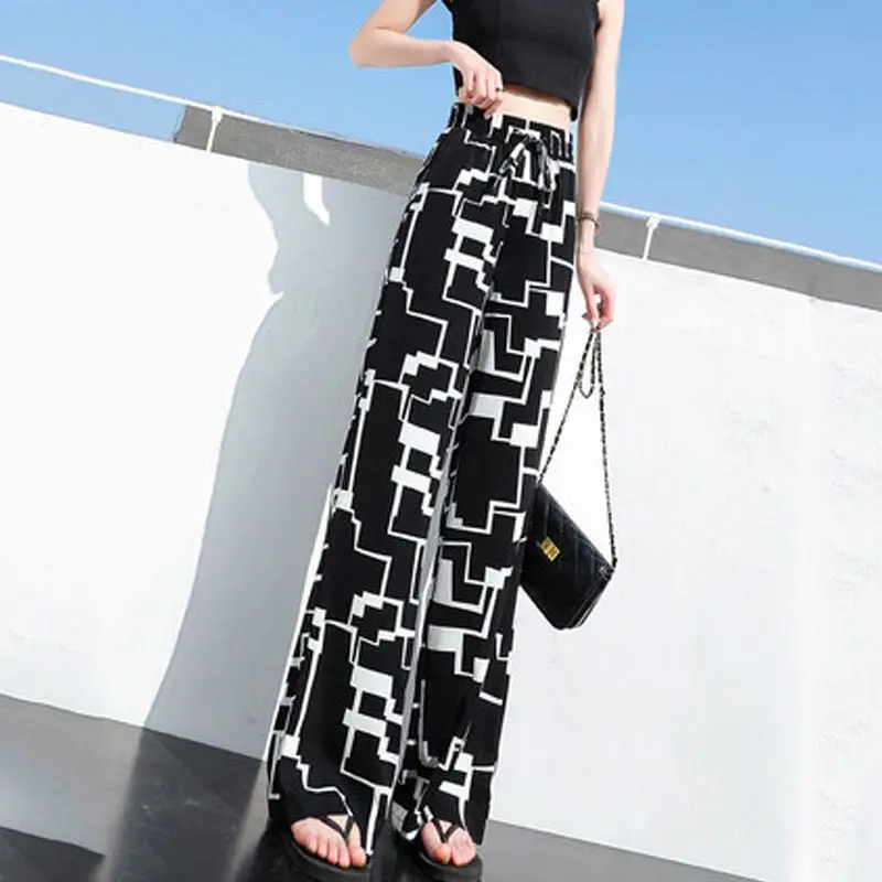 Women Summer Fashion Loose Ice Shreds Printing High Waist Straight Women Clothes Casual All-match Trend Appear Thin Trousers