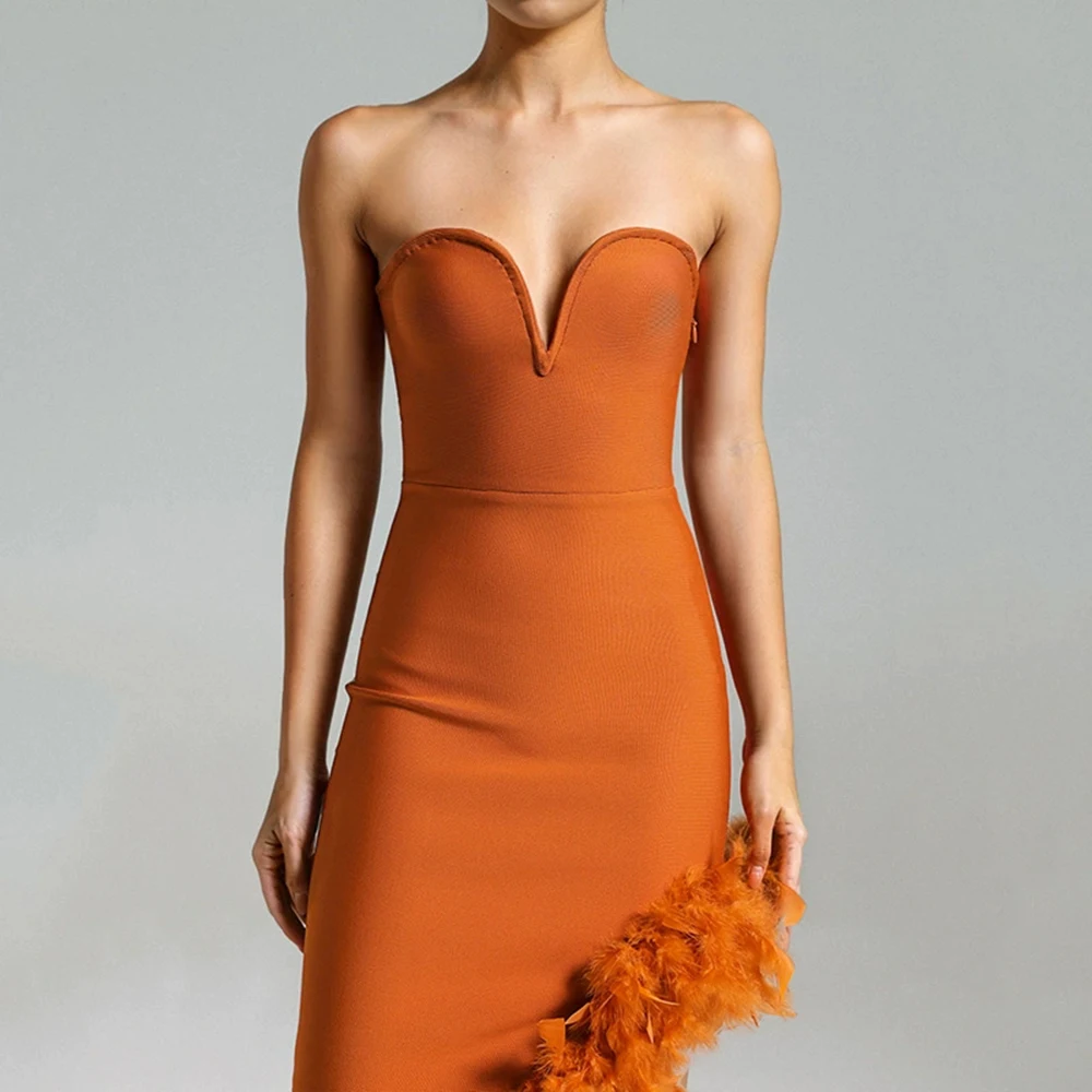 أزياء اللباس أنبوب الأعلى الخامس الرقبة مثير خارج الكتف عارية الذراعين ريشة شق المشاهير ضمادة اللباس-GZXX1409