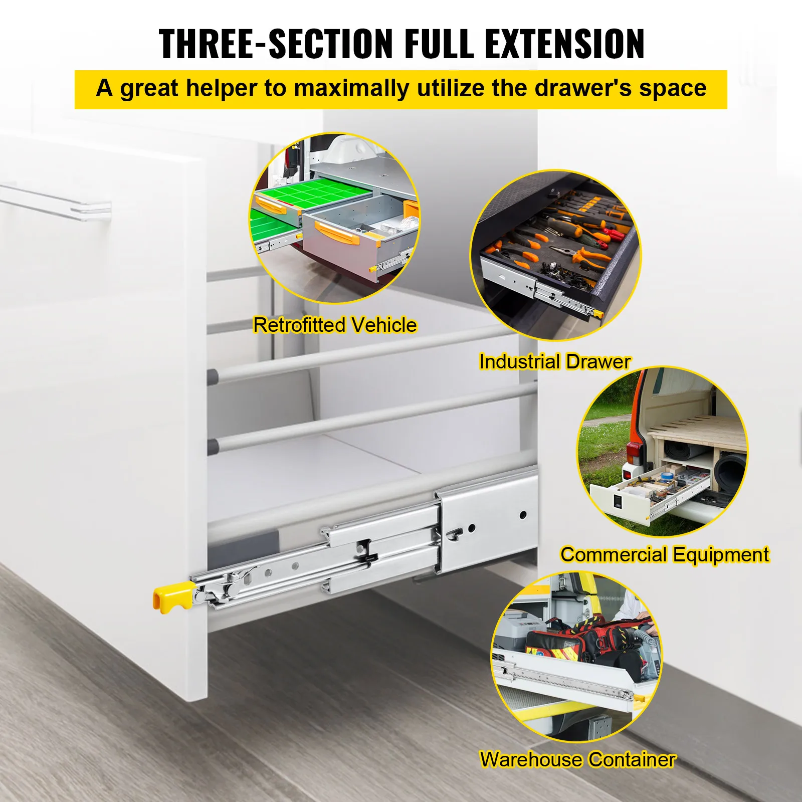 VEVOR Drawer Slides w/Lock,1 Pair, Heavy-duty Industrial Steel up to 500 lbs Capacity,3-Fold Full Extension,Ball Bearing Lock-in