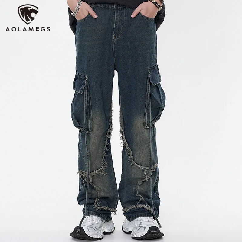 

Men Casual Jeans Stitch Star Raw Edge Cargo Pants Y2K High Street Denim Trouser American Vintage Straight Baggy Jeans Unisex