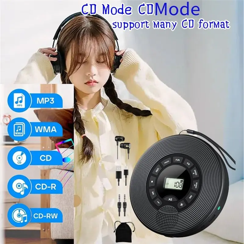 Anti-Skip Portable 1500Mah Bluetooth CD Player With FM Transmitter Headphones AUX USB For Car Discman