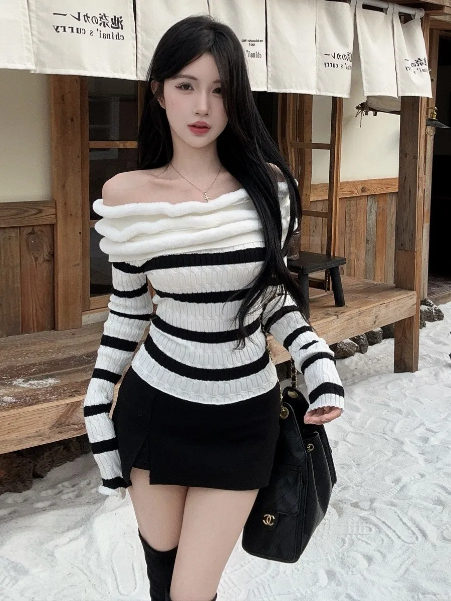 Korean Style Sweet Knitted Long Sleeve Striped Color Block Half Body Skirt Slimming Wrap around One Shoulder Top for Autumn W...