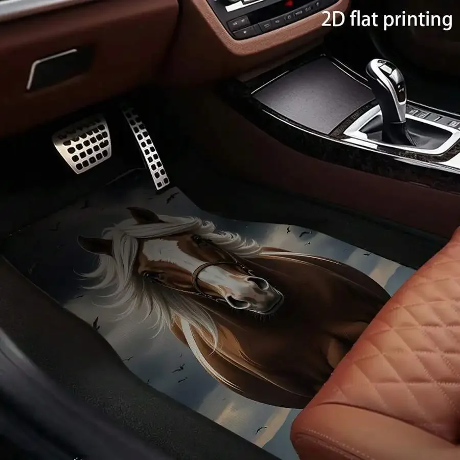 

4pcs Car Floor Mats With Horse And Birds Print Universal Polyester Fiber Mats All Season Washable