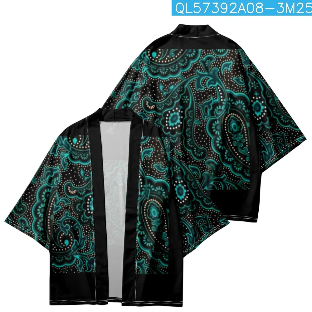 

Fashion Cashew Flower Print Black Kimono Japanese Streetwear Men Cardigan Cosplay Shirts Harajuku Traditional Samurai Haori