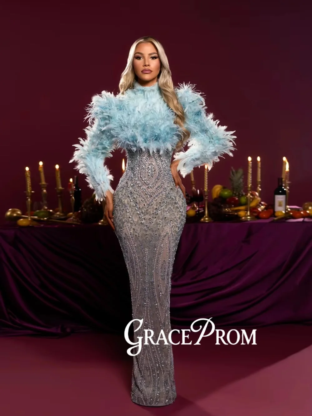 Feather Emebellished High Neck Evening Dress Luxury Beaded Crystal Formal Party Gown 2026 New Customized Red Carpet Gown