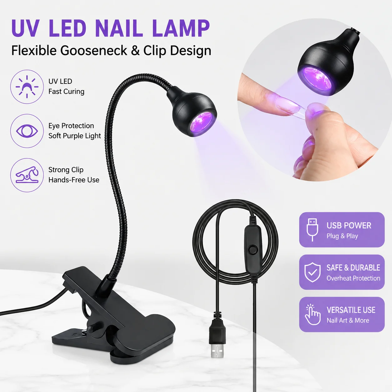 UV LED Lamp Nail Dryer Desktop Gel Polish Curing Adhesive Quick 5W Nail Drying Lamp with Adjustable Head Foot Pedal Switch