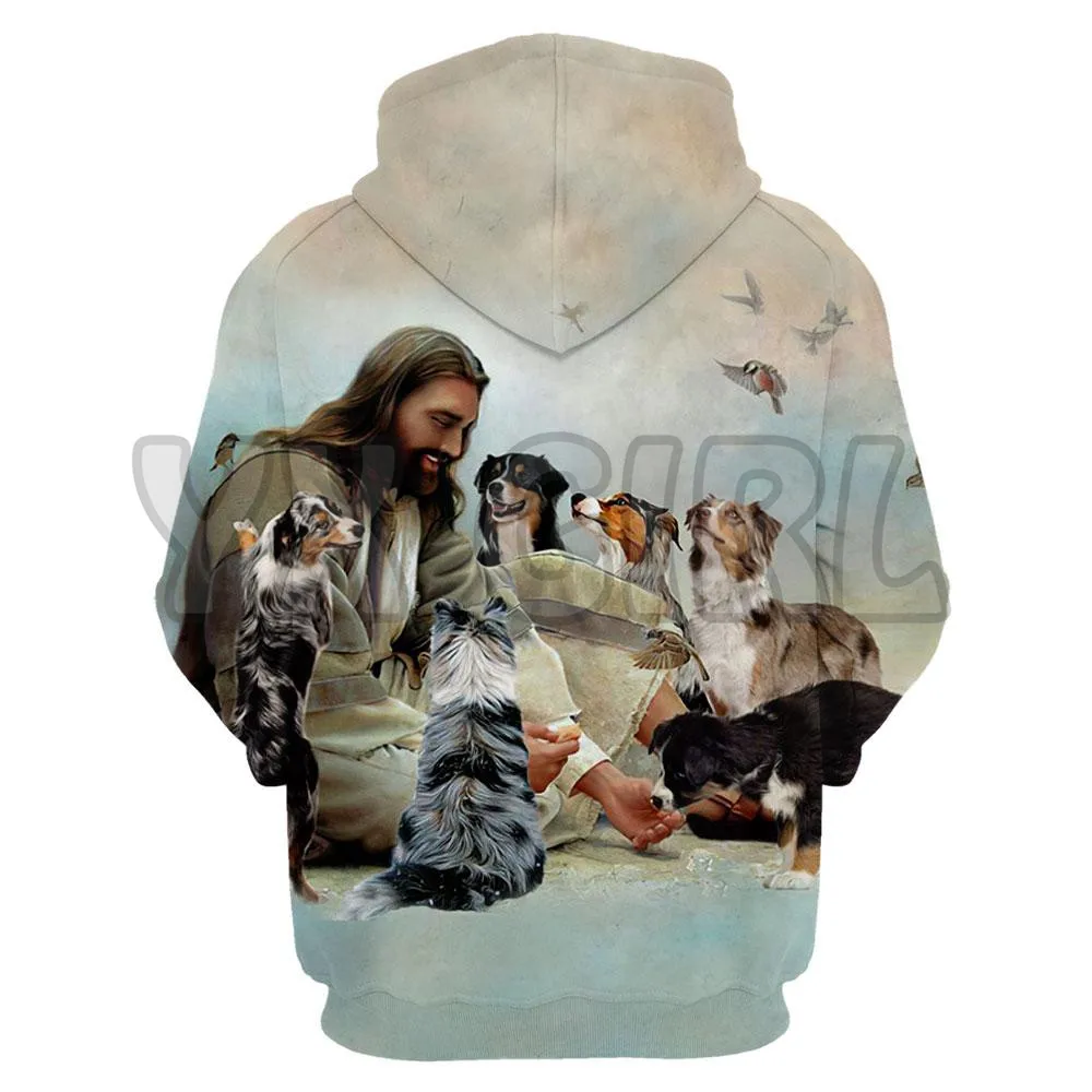 Hoodie Cetak 3D Dikelilingi Yesus Oleh Basset Pria untuk Wanita Uniseks Pullover Hoodie Anjing Lucu Pakaian Olahraga Jalanan Kasual