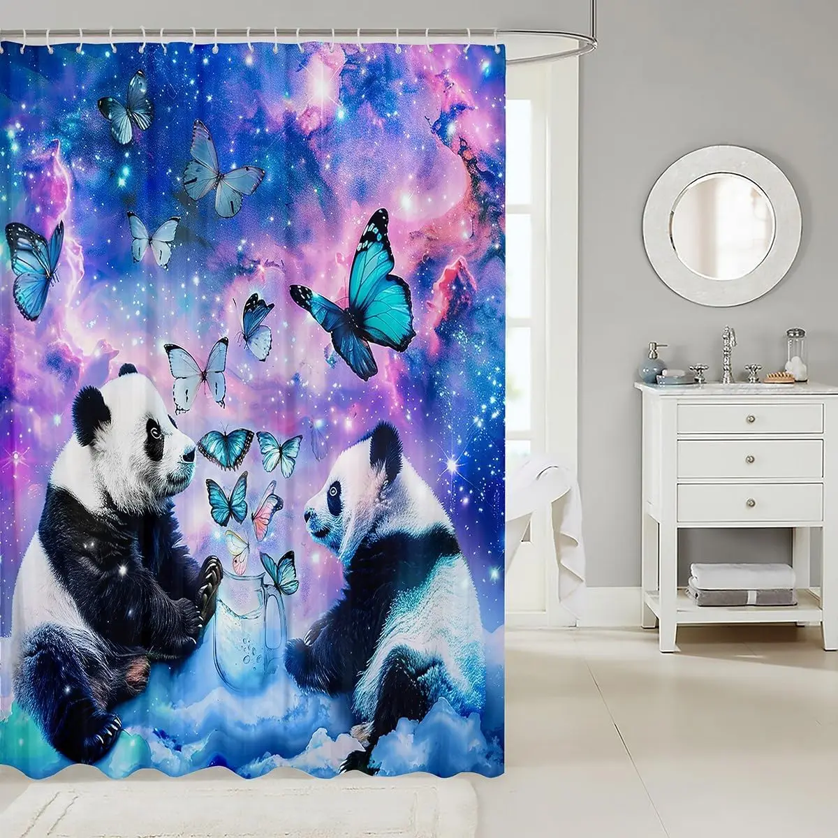 Cute Panda Galaxy Space Shower Curtain Waterproof Polyester Bathroom Decor Stars Nebula Butterfly Print Kids Room Shower Liner