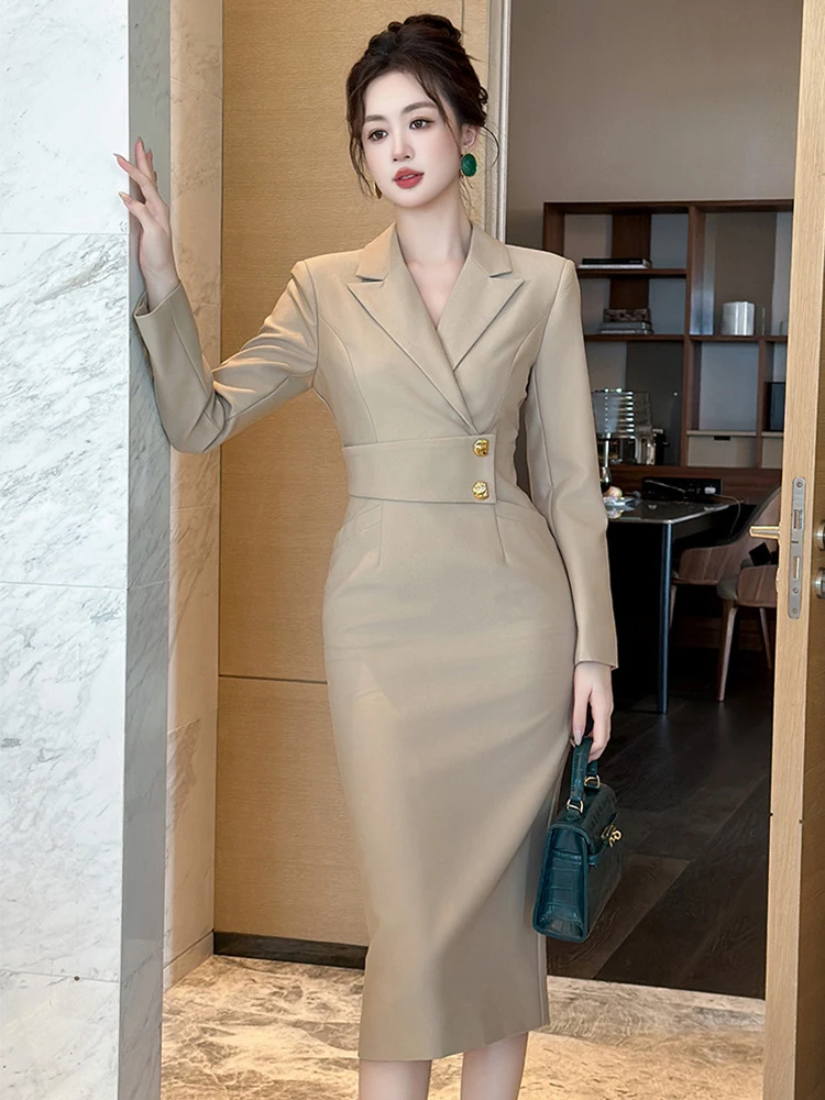 Women Clothes Business Solid Long Sleeve Slim Midi Pencil Dress Elegant Ladies Formal Occasion Vestidos Casual Commute Classic