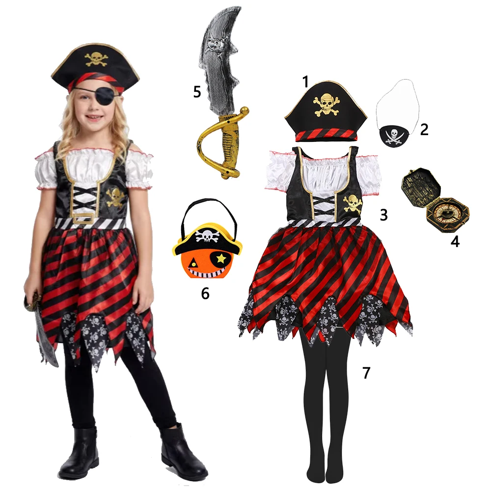 Kids Role Play Dress Girls Pirate Cosplay Tutu Dress Complete Accessory Set Halloween Fancy Costume for Carnival Party Dress‑Up