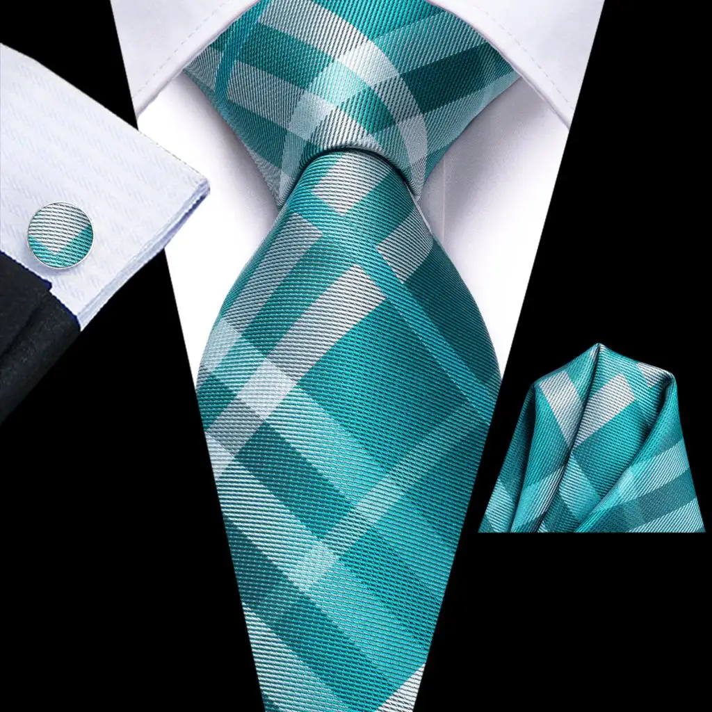 

Plaid Turquoise Green Silk Wedding Tie For Men Handky Cufflink Gift Men Necktie Fashion Business Party Dropshiping Hi-Tie Design