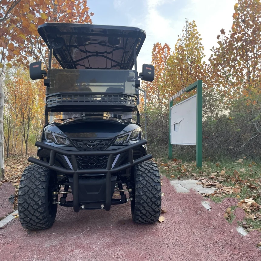 Carro de golf eléctrico todoterreno de diseño profesional, carrito de golf eléctrico con suspensión delantera independiente y cubierta para lluvia con caja de carga trasera