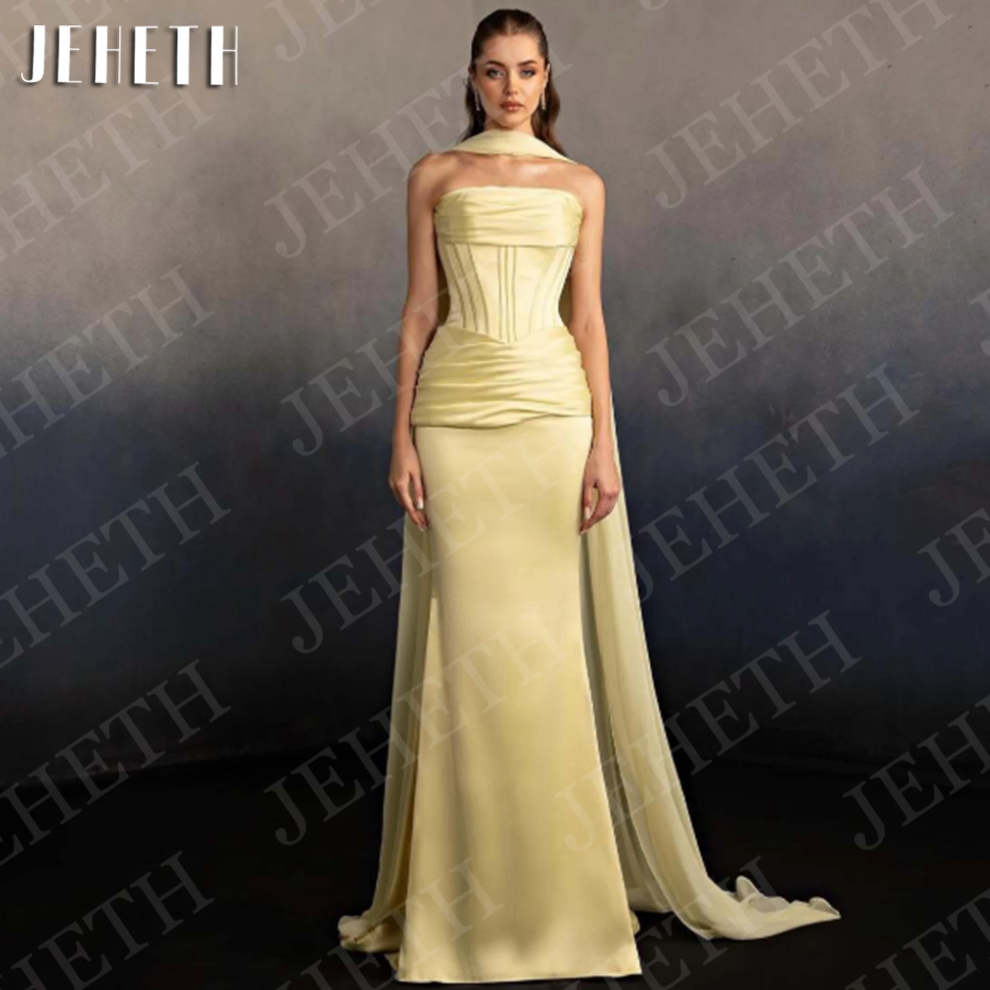JEHETH Mermaid Evening Dresses Strapless Sleeveless Elegant Satin Wedding Guest Dress Yellow Formal Customized vestido fiesta