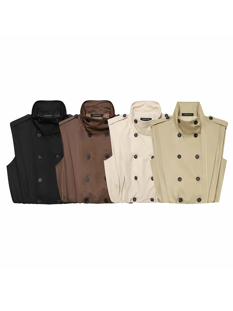 Women Cropped Vest Stand Collar Double Breasted Trench Women Button Shoulder Epaulet Drawstring Hem Waistcoat Casual Lady Vest