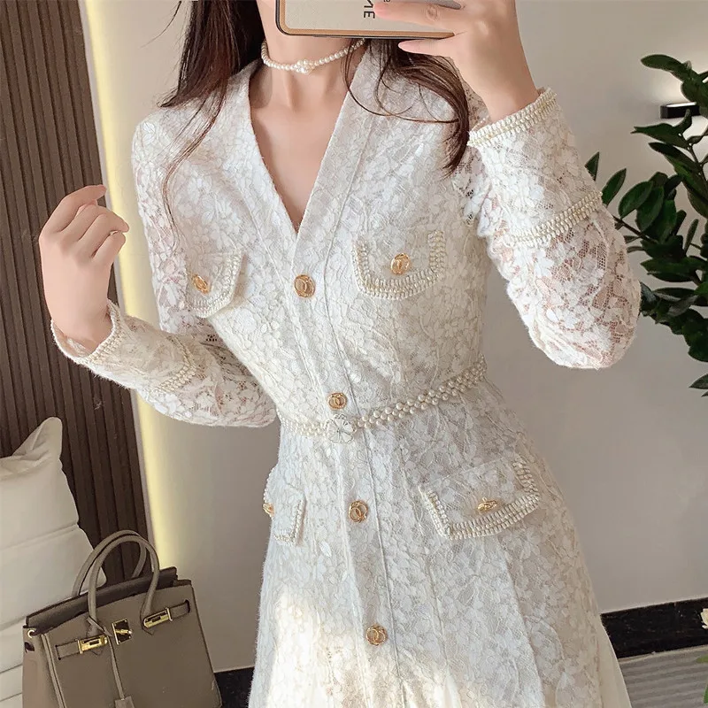 High Quality V-Neck Solid Lace Dress Women Spring Fall Long Sleeve Mesh Ruffles Patchwork Wedding Party Dress With Crystal Belt