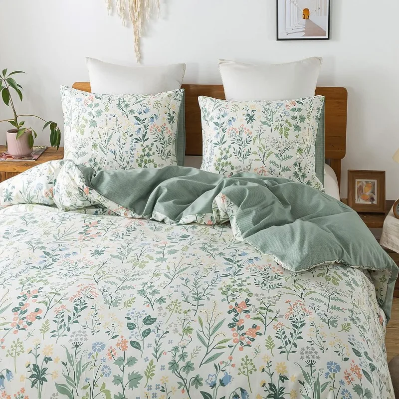 

Garden Style Floral Duvet Cover 100% Cotton Duvet Covers Ultra Soft Green Floral Bedding Sets with Zipper Closure